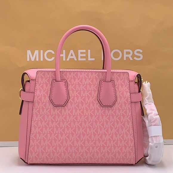 Michael Kors Mercer Small Top Zip Logo Belted Satchel Crossbody Carnation color - Picture 4 of 16